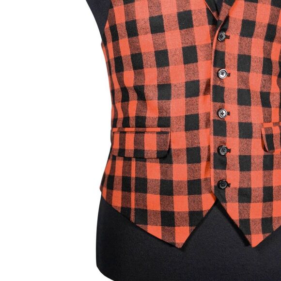 Mens Vest 40R Wool Orange Black Plaid Check Waistcoat Formal Wedding Groom Party - Picture 7 of 9